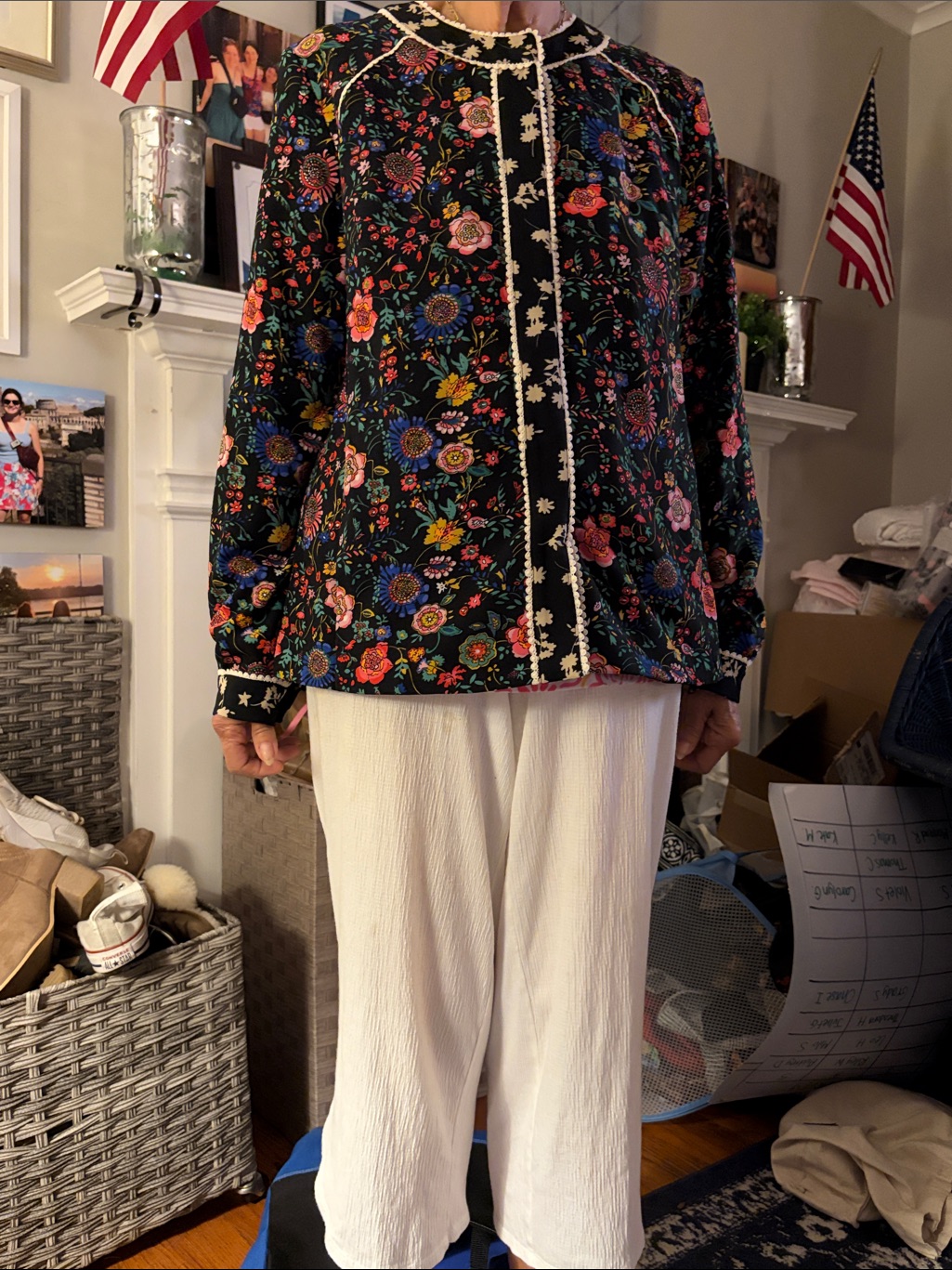 Logo By Lori Goldstein Black Floral Button-Front Top With Contrast Trim
